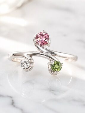 Size 7 Sterling Silver Ring with Pink, Green and White Tourmaline gemstones
